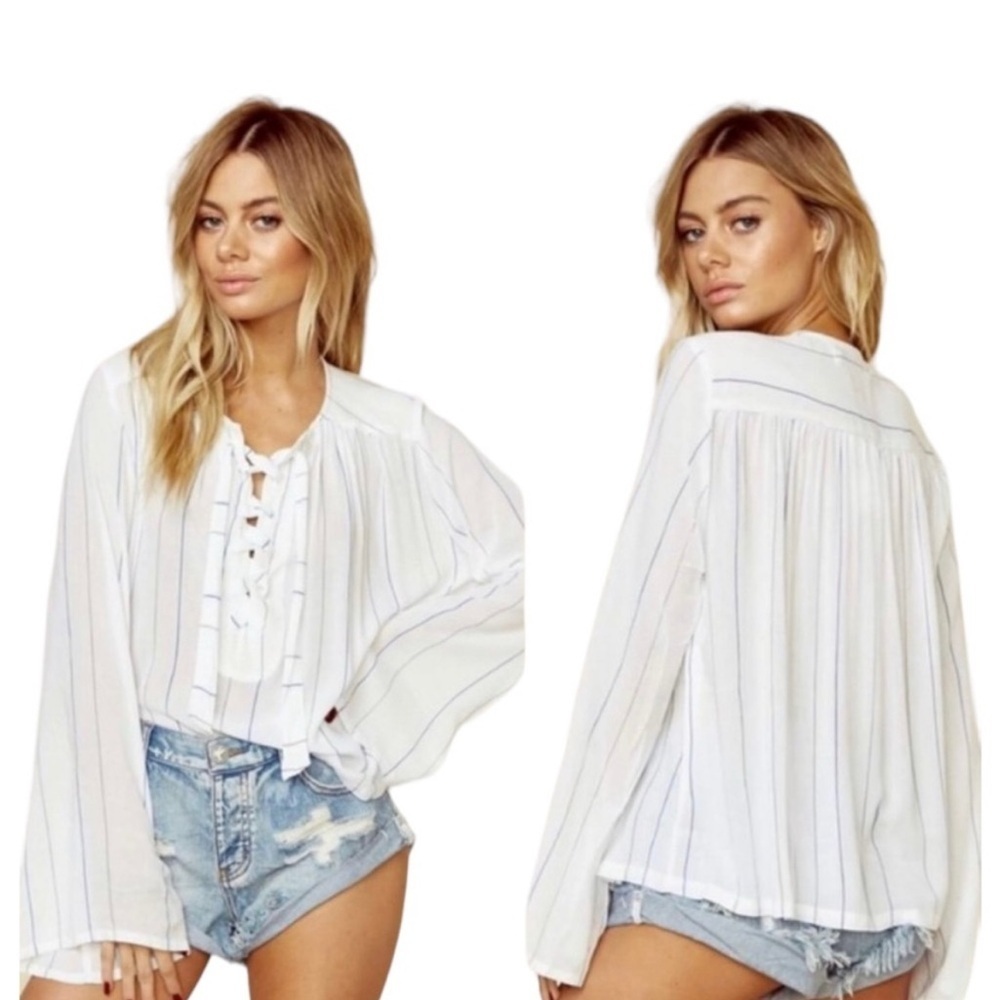 3/$30 ☀️ FAITHFULL The Brand Pierre Lace Up Striped Blouse